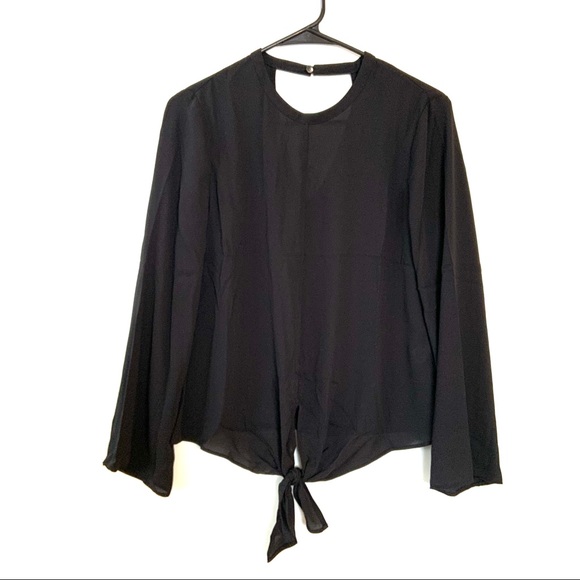 Madewell NWOT Bell Sleeve Tie Top Black Blouse XS - Picture 3 of 6